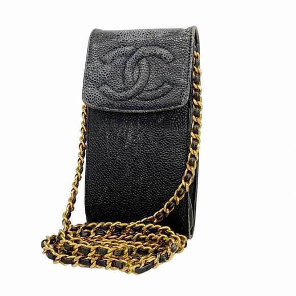 Chanel Shoulder Bag Caviar Skin Black Gold Hardware Women
